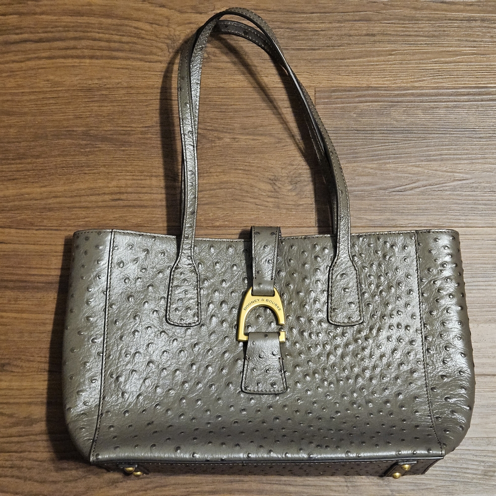 Dooney & Bourke Elegant Pewter Gray Ostrich Leather Small Shannon Tote Bag